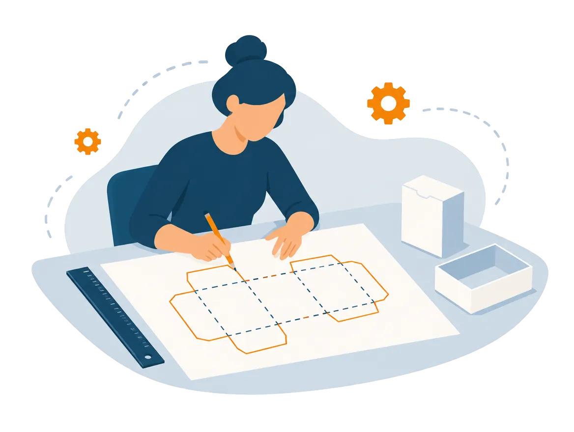 Illustratie: ontwerper tekent een stanstekening van een vouwdoos